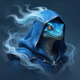 air genasi blue lizardfolk made of wind, wearing a necromancer hood obscuring his face, head and shoulder portrait, dnd commission, rpg artwork,4K, 8K, very detailed, trending on artstation