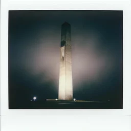very tall concrete sculpture reaching into the fog, expired film, old polaroid, night, megalophobia,