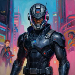 anime manga cyberpunk black 🧔🏿♂ athletic gundam pilot portrait with an intricate futuristic urban inspired helmet, hyperrealistic oil painting, by makoto shinkai and ilya kuvshinov and lois van baarle and rossdraws and basquiat, trending on artstation, cmyk, chromatic aberration, bright neon color palette,