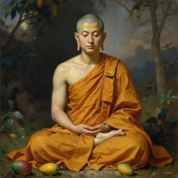 a detailed painting of a mango dressed as a buddhist monk by Godward
