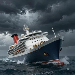 the cruise ship sinken lying on its side in sea, dark, storm, thunderstorm unreal engine Hight detailed An epic fantastic realism dinamic lighting
