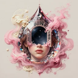 a portrait of visions of a mirrored droplet, crystal, impasto, smoky swirls of pink cream simulated by her, rejected, a gate to infinity, warm inhuman, between gifts, beyond the stars into the void, vector art, detailed digital matte painting by simon stalenhag