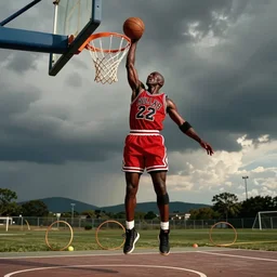 Michael Jordan dunking basketball into hula hoops, had, photorealistic