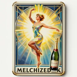 art deco tin poster, dancer, melchizedek champagne bottle. cheerful, bright
