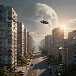 Slavic futuristic city on the moon street photo, Khrushchyovkas, sunrise, flying vehicles, long shadows, photorealistic, stunning, magnum photos 4k