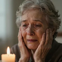 a close up portrait of one solitary old underweight crying lady frozen, full colour, hyper realistic photo, candle light, shallow depth of field, upscale, 8 k, masterpiece,