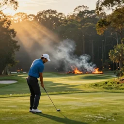 close-up of an athletic golf player on a stunning landscape lush golf course, magical light, golden hour, in the background a burning forest, smoke from the fire, digital painting, 4k, forest ray light, particles light, by sasha kalinkin, Noah Bradley, ilya kuvshinov
