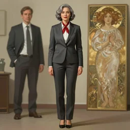 actress brandi love wearing a business suit, grey hair, red necktie, cinematic, stunning, highly detailed, digital painting, artstation, smooth, hard focus, full body shot, illustration, art by artgerm and greg rutkowski and alphonse mucha