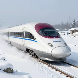 A supersonic maglev train in North Pole riding though snow, cold, snowy, art by James Gilleard, James Gilleard artwork, gorgeous lighting, eurostar, maroon and blue accents