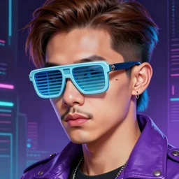 very detailed masterpiece closeup painting of a very handsome young indonesian with small mustache cyberpunk man with light blue shutter shades, one side haircut, brown hair with light blue ends, purple leather jacket, beauty mark on cheek, portrait, synthwave background, artstation, concept art by greg rutkowski