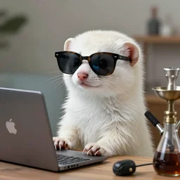 a cute white mongoose! with sunglasses! working on a pc!, a hookah! on the desktop, funny cartoon, in the style of bugs bunny, hyper realistic, insanely detailed