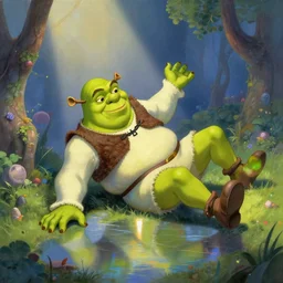 shrek falling into wonderland, illustration, storybook illustration, painting, concept art, colorful, 3 d, subdimensional, spotlight, scattering, ray tracing reflections, diffraction grading, anti - aliasing, by hayao myazaki, by weta digital, 8 k concept art
