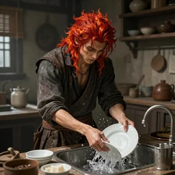 The Firekeeper of Dark Souls 3 washing dishes in a traditional kitchen setting, digital art, 4K, ultra-realistic