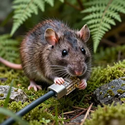 photo, alien ugly monster rat chewing! thick internet cable!! in the ferns, grass and rocks, highly detailed, intricate details, volumetric lighting, close up