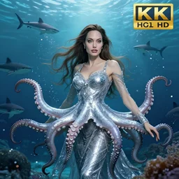 young angelina jolie as an octopus witch dressed in intricate silver clothing surrounded by underwater particles above sharks and sea creatures, fantasy, wlop, trending on artstation, deviantart, anime key visual, official media, professional art, 8 k uhd