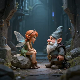 tiny fairy talking to a small rock gnome in a dark ally in a sci - fi fantasy city, dnd, futuristic, crome, geometric, beautiful, soft light, ultra detailed, matte painting, unreal engine, 4 k