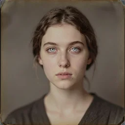 portrait of a beautiful young lady with silver eyes, colored daguerreotype by balthus