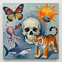 an abstract painting, butterfly, skull, squid, pipe, anime, tiger, dog, shark, sun, damage