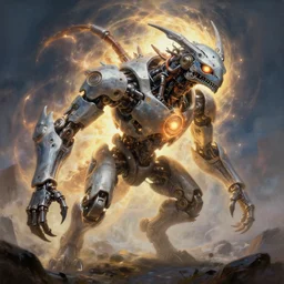 beautiful painting by jeremy mann, a mechanical chimera creature of horizon forbidden west horizon zero dawn radiating a glowing aura, ultrafine hyperrealistic detailed illustration by ian pesty and artgerm and greg rutkowski, fantasy, ominous, sharp focus, smooth, octopath traveler, unreal engine highly rendered, global illumination, dramatic lighting, 8 k