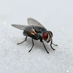 a still life of a macroscopic fly sitting on a bed of sugar