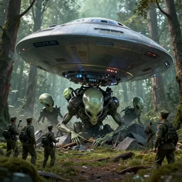 aliens big ufo crushed in the forest surrounded by russian soldiers, biopunk, cyberpunk, masterpiece. rendered in blender, ultra realistic, smooth shading, ultra detailed, high resolution, cinematic, unreal 6, perfect face, cyberpunk, fine details, studio lighting, subtle shadows, art by katsuya terada, photorealism, hyper realism, octane render, hyper detailed, canon eos r 3, f / 1. 4, iso 2 0 0, 1 / 1 6 0 s, medium shot, 8 k, raw, unedited, in - frame,