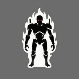 logo of a burning exoskeleton, minimalist, black and white, red eyes