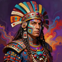 portrait of jensen ackle, hyper detailed ultra sharp aztec shaman warrior. trending on artstation, warpaint aesthetic, bloodwave, colorful, psychedelic, ornate, intricate, digital painting, concept art, smooth, sharp focus, illustration, art by artgerm and greg rutkowski and h. r. giger, 8 k