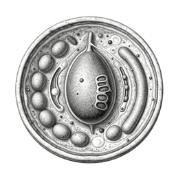 a black and white detailed anatomy of a single! eukaryotic cell showing the nucleus, mitochondria, golgi and endoplasmic reticulum