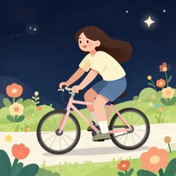 happy cartoon woman cycling through interstellar flowers field