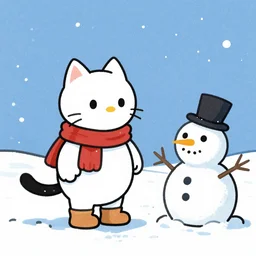 snow cat with a snowman, in the style of raymond briggs