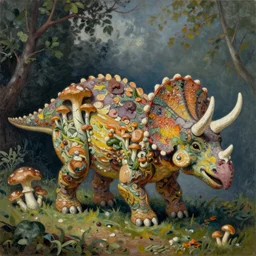 impressionist painting of a triceratops made of chanterelle mushrooms