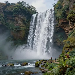 hyperdetailed painting of a giant waterfall in the garden of eden, epic, rendered in octane, painted by alan lee, moebius, giovanni ghisolfi and jan baptist
