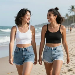 two transgender lesbians smiling and having a good time together walking next to the beach