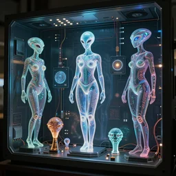 Ladies in holograms of alien artifacts, electrical case display, total recall tech, , ultrarealistic, dramatic lighting, electrical details, high details, 4k, 8k, best, accurate, trending on artstation, artstation, photorealism, ultrarealistic, digital painting, style of Caravaggio, Boris Vallejo