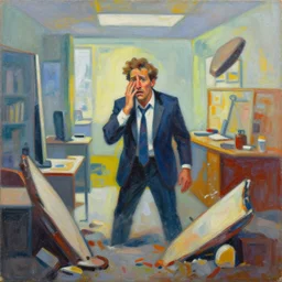 impressionistic abstract vibrant painting of alex jones looking worried as his office collapses into the void around him