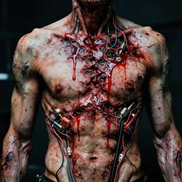 a cyberpunk torso with lacerations and rotting flesh decay, dripping red oil, electrical wiring and broken machines, cables veins tendons, degraded, film grain, light leaks, stains, by jeremy mann, by beksinski and craig mullins and by tsutomu nihei
