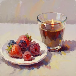 breakfast with berries and coffee and a candle inside a glass cup, oil painting, glassware, thick strokes, vibrant, colorful, shiny, bright, reflections, subsurface scattering, sharp edges, hazy, field of view