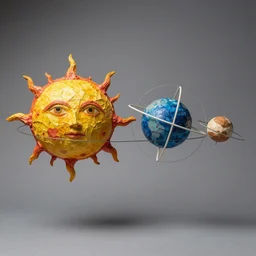 a kinetic sculpture of this solar system, sun, orrery, canon 5 d 5 0 mm lens, papier - mache, studio, 1 9 7 6