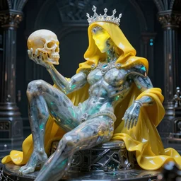 photo of fullbody rococo and cyberpunk delicate neon crystalline sculpture of seductive muscular onyx albino marble prince joe jonas teal iridescent humanoid deity wearing yellow plastic hooded cloak holding an onyx skull in a onyx space dungeon, reclining, glowing yellow face, crown of white diamonds, cinematic lighting, photorealistic, octane render 8 k depth of field 3 d