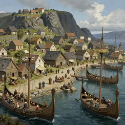 a viking village with a harbor and viking ships, vikings, trading, ultra detailed, realistic, lost civilizations, masterpiece, 4 k, highly detailed, digital painting, artstation, concept art, sharp focus, illustration, art by ernest deutsch + ted nasmith