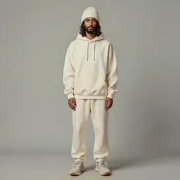 a full body lookbook portrait of modern - day jesus wearing cream fear of god menswear collection by nicola samori, hat and hoodie, detailed, oil painting, hyper - realistic, 8 k, yeezy collection