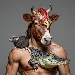 high resolution photo portrait of muscular animal human merged head skin ears, background removed, scales skin dog rat, alligator cat merged bird head cow, chicken face morphed fish head, gills, horse head animal merge, morphing dog head, animal eyes, merging crocodile head, anthropomorphic creature