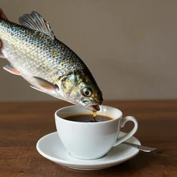 a real fish is drinking from a cup of coffee