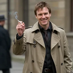 photorealistic photography of paul blackthorne as harry dresden posing as a charismatic smiling thief!, with a light brown trench coat and a cigarette, in dresden files movie, super detailed, hd