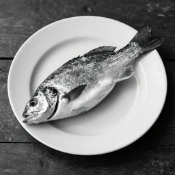 a fine art black and white photo of a fish on a plate