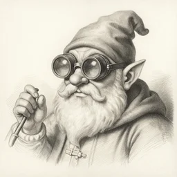 sketch of a dnd gnome wizard wearing eye goggles, etching by louis le breton, 1 8 6 9, 1 2 0 0 dpi scan