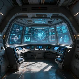 spaceship bridge with a large open cockpit and holographic displays