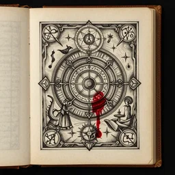 scan of book with intricate ink drawings of occult drawing for a black magic ritual in a book about magic. lovecraftian feeling. by Agnes Cecile but in charcoal and blood. on a parchment made from thin leather. the parchment is 2000 years old.