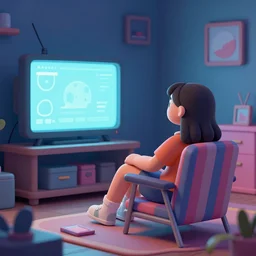 digital matte illustration a small girl sitting on a striped chair leaning back watching tv in cyberland - 7 6 8