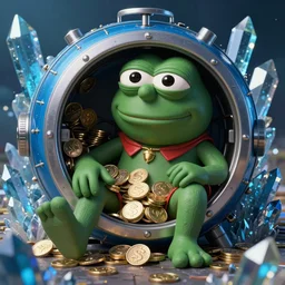 super rich happy pepe, vault, coins, hyper detalied, blue crystals, greg rutkowski